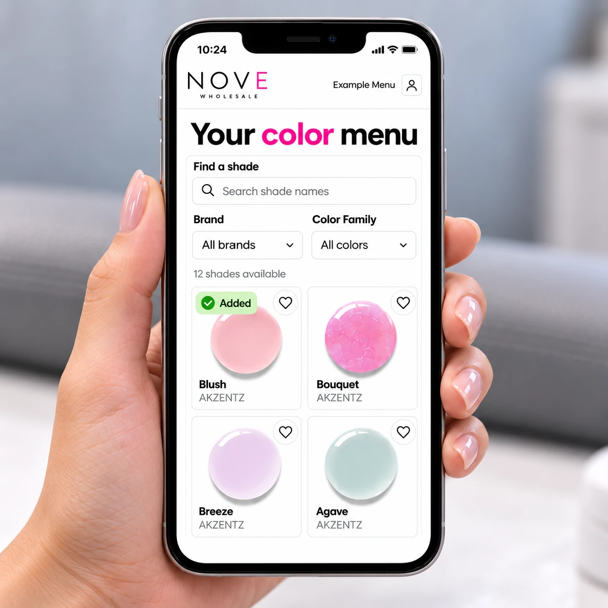 A woman holding a phone showing an example color menu, circular swatches, and a green Added marker.